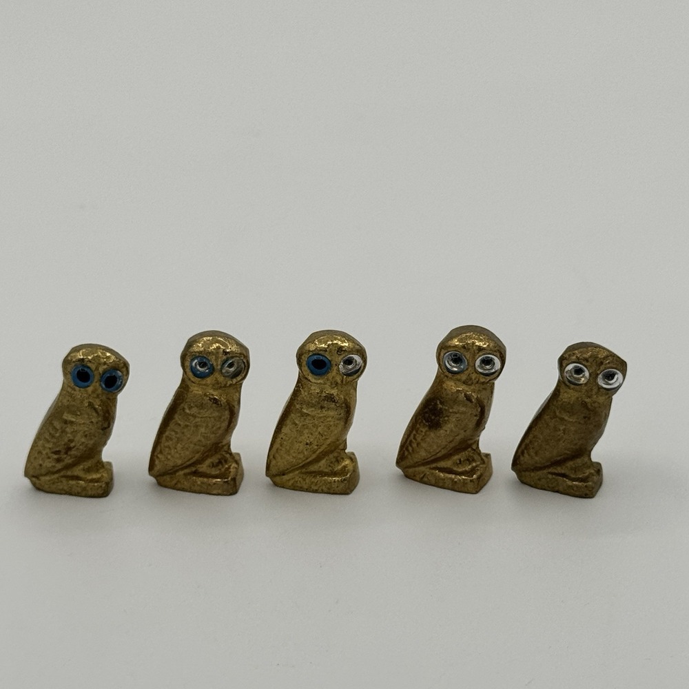 Vintage Mini Brass Owl Figurines Set Blue Clear Eyes Small Metal Birds Lot